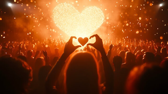 Heart-Shaped Fireworks Display at a Concert Crowd Showing Love and Unity