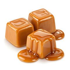 Assorted Caramel Candies with Glossy Texture Isolated on White Background – Sweet Dessert Treat Collection