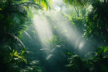 Naklejka premium Sunlight filters through dense jungle canopy, casting dappled shadows on the lush greenery below.