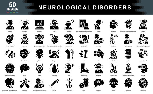 Neurological Disorders black icon collection set. Containing Sleepy,Stroke,Parkinson,Insomnia, Alzheimer, Nervous, stress,Fatigue,Brain,Medicine,Hallucination icon.Simple line vector
