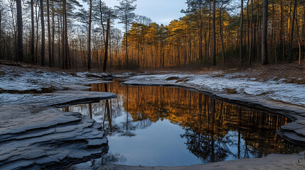 Serene forest scene with a reflective pool trees and hints of snow creating a peaceful natural landscape