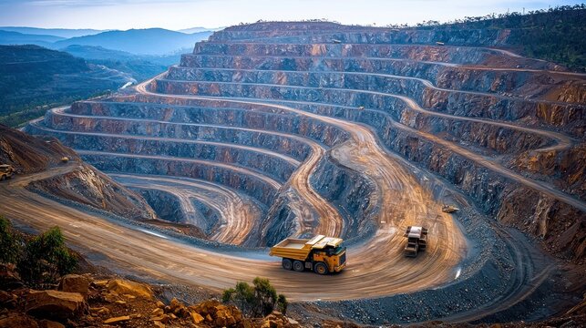 Open-pit mine, trucks, mountain landscape, mining operation