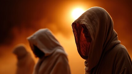 Three hooded figures stand in an orange haze, captivating viewers with their silent presence and evoking feelings of mystery, introspection, and the power of human connection in an otherworldly scene