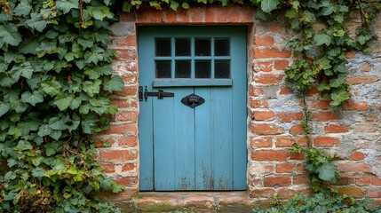 Weathered blue door with window panes set in a brick wall and flanked by ivy creates a charming and rustic entrance