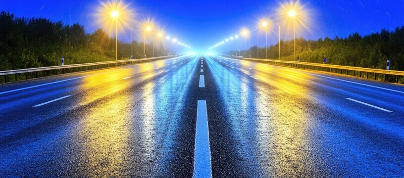 Wet asphalt road at night