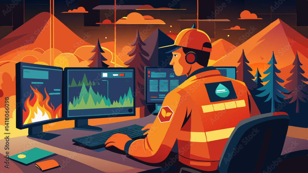 Poster a man in a fireman's hat is sitting at a desk with two computer monitors. he is typing on a keyboard