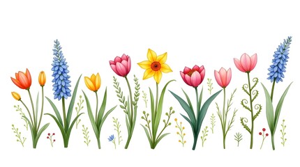 Set of spring colorful flowers. Set of floral branch. Isolated on white for greeting cards, Easter, thanksgiving. Spring set, hand drawn elements