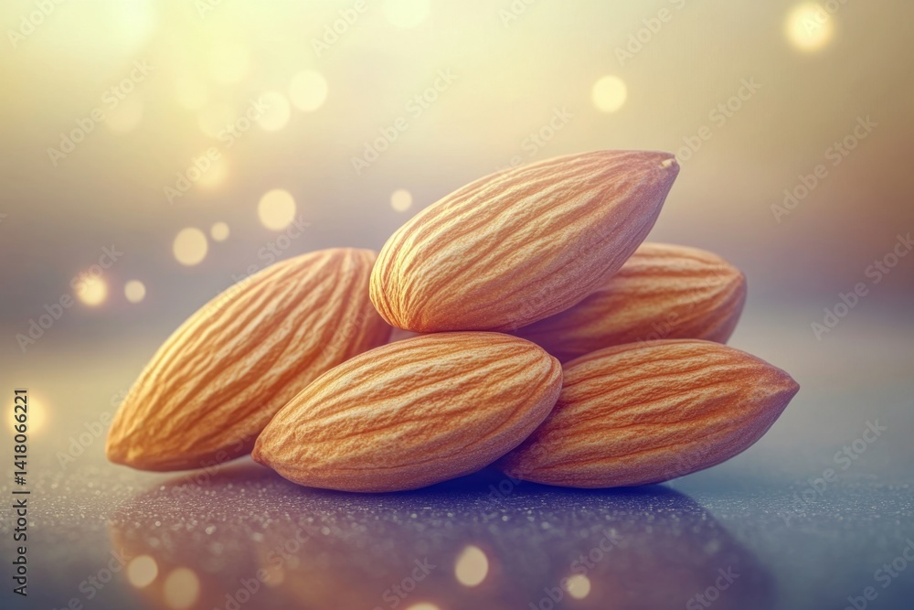 Poster almonds resting on a surface with a soft glowing background in natural light