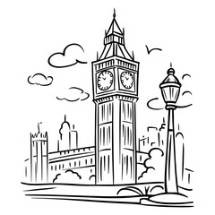 Big ben tower line art illustration. London architecture drawing. Travel concept and landmark outline sketch for design element.