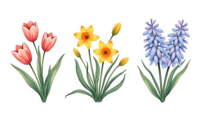 Set of spring colorful flowers. Set of floral branch. Isolated on white for greeting cards, Easter, thanksgiving. Spring set, hand drawn elements
