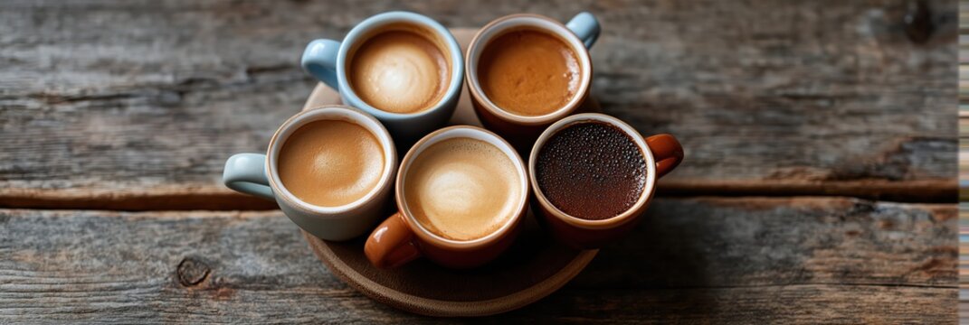 A collection of artisanal coffee cups, each filled with rich coffee, is carefully arranged on a rustic wooden surface, inviting viewers to savor the warmth and the experience of coffee.