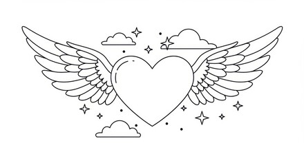 Obraz premium Heart with Wings Flying Among Clouds and Stars Outline Drawing Design for Coloring Book Pages