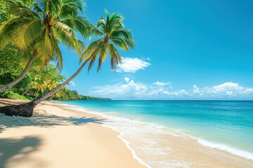Palm trees lining a sandy beach with crystal blue waters under a clear sky.