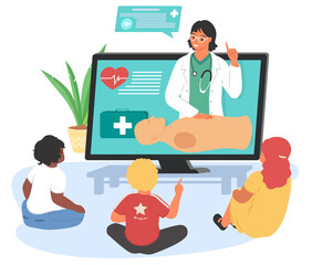 Children participate in an online first aid training session led by a knowledgeable instructor. They focus on essential skills while engaging with visual aids and animated content.