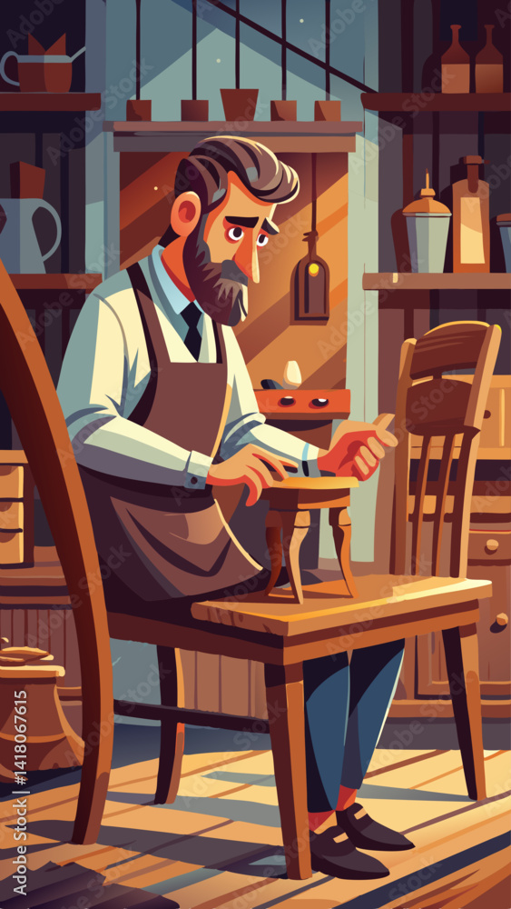 Poster a man is sitting in a chair in a workshop. he is wearing an apron and he is working on a project. th