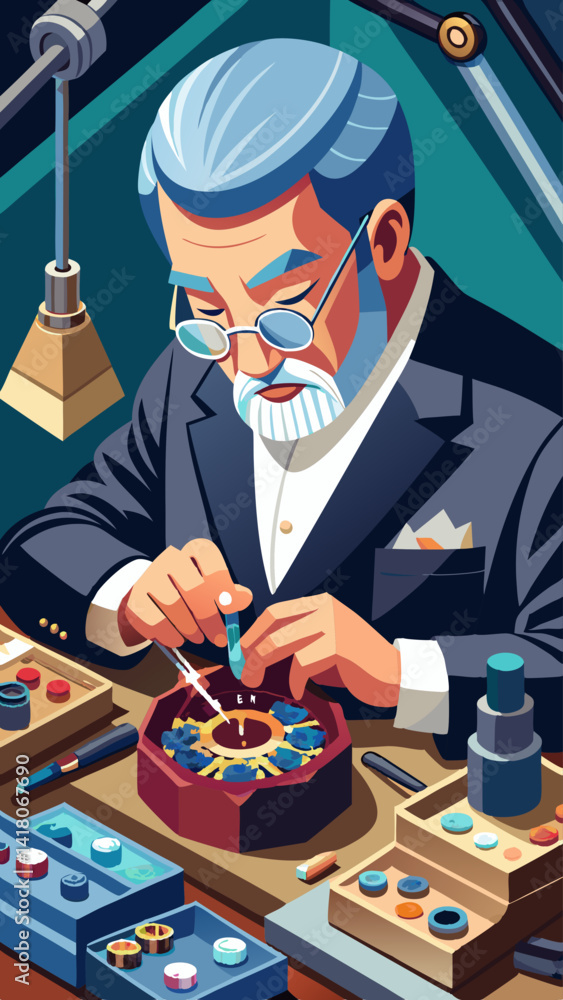 Poster a man is sitting in a chair in a workshop. he is wearing an apron and he is working on a project. th