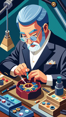 A man is sitting in a chair in a workshop. He is wearing an apron and he is working on a project. The scene is set in a dimly lit room with a wooden floor and shelves filled with various items