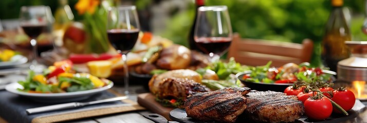 An inviting outdoor dining setup featuring perfectly grilled steaks accompanied by fresh vegetables, offering a delightful culinary experience enhanced by a beautiful natural backdrop.