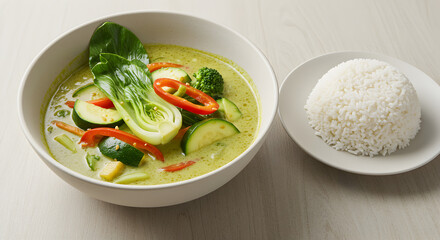 Bowl Of Green Curry With Rice Dish Displayed On White Wood Surface