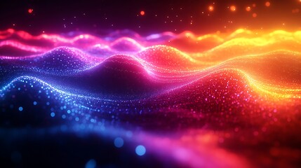 Fototapeta premium Vibrant, glowing particle waves undulate across a dark background.