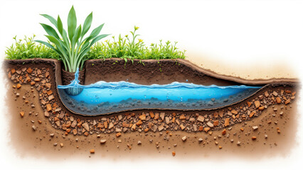 An illustration showcasing a permaculture concept for sustainable water usage with roots, soil, and water flow details.