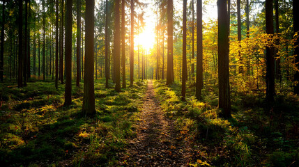 Fototapeta premium Forest Path At Sunset