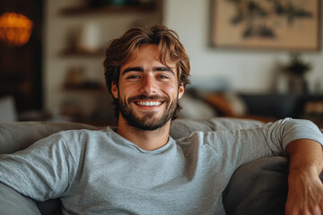 Obraz premium Man happily seated on a couch.
