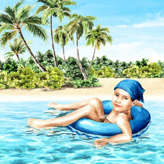 Fototapeta premium Happy boy on inflatable circle in the sea on the background of tropical beach. Sunny day on a tropical beach. Hand drawn watercolor illustration
