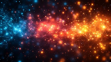 Fototapeta premium Abstract network of interconnected luminous particles in vibrant hues.