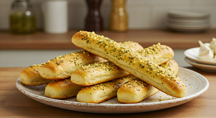 Freshly Baked Garlic Bread Sticks on Rustic Plate for Sharing