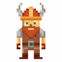 Pixel Art Viking Character with Helmet and Beard in Retro Game Style