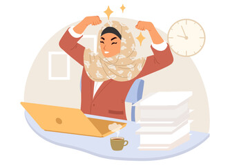 A joyful woman wearing a hijab raises her arms in excitement at her desk. A laptop and stacks of papers are present, along with a coffee cup in a bright office environment.