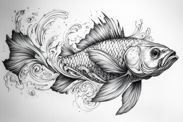 Black and white drawing of a fish swimming gracefully, detailed scales and flowing fins, set against a minimalistic background that highlights its elegance.
