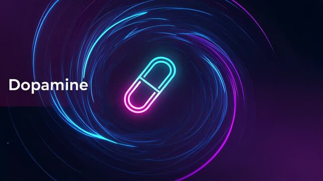 Dynamic neon dopamine capsule with pulsing energy and vibrant particle motion