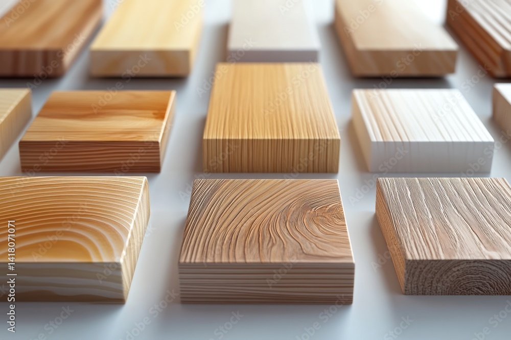Poster different types of wooden sample blocks arranged for carpentry and design assessment