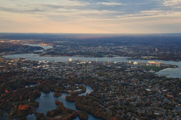 Obraz premium Providence, Rhode Island, fall at sunset from Airplane, Aerial, Downtown USA city skyline on the Providence River.