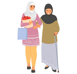 Two women are enjoying a shopping trip. One carries a bag of groceries while helping the other walk with a cane, showcasing a supportive and joyful bond between them.