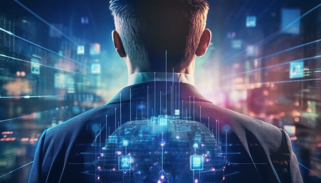 businessman abstract futuristic background with binary code