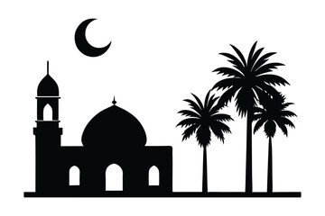 A small mosque with date palm tree silhouette vector illustration