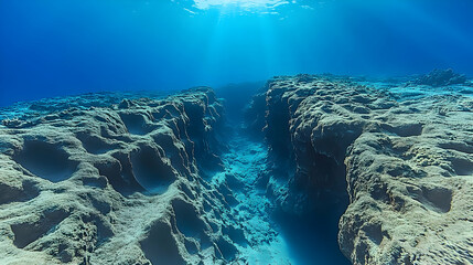 Fototapeta premium An underwater canyon bathed in sunlight pierces the deep blue revealing a breathtaking textured landscape