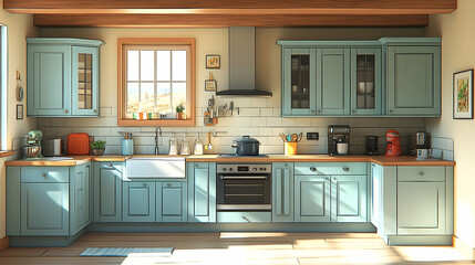 Bright kitchen with blue cabinets light wood floors and a large window overlooking a serene desert landscape