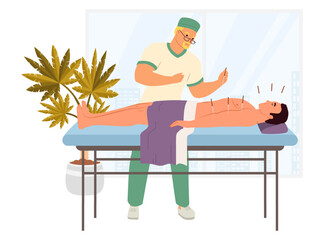 A practitioner performs acupuncture on a patient, who is lying on a treatment table in a calm clinic. Plants decorate the background, enhancing the tranquil atmosphere.