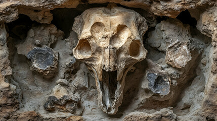 Close-up of a skull embedded in a textured stone wall creating a striking and slightly eerie composition