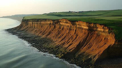 Coastal erosion creates striking cliffside views beneath a lush green landscape stretching to the horizon over calm oce