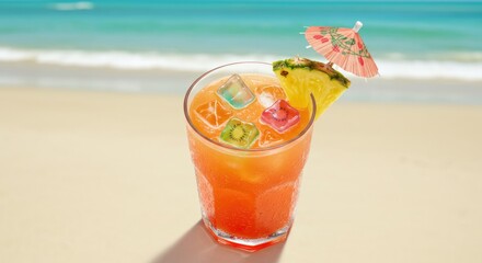 Obraz premium Refreshing Tropical Cocktail on Beach with Pineapple and Umbrella