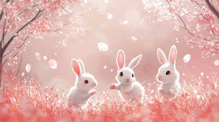 Obraz premium Three White Rabbits in a Pink Cherry Blossom Garden