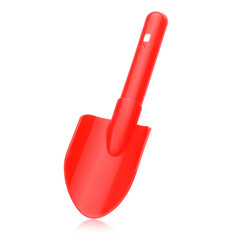 A plastic children's red shovel on a white background for playing with sand and earth.