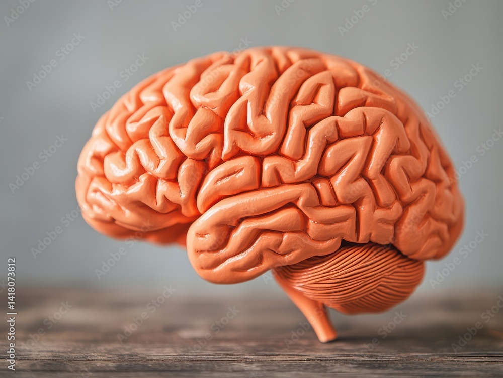 Poster a detailed model of a brain displayed on a wooden surface, showcasing the intricate folds and struct