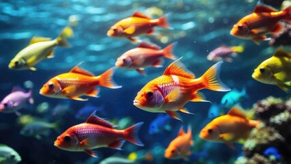 A vibrant underwater scene featuring a line of colorful tropical fish swimming in shallow water
