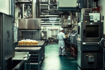 Workers prepare food in a commercial kitchen with industrial equipment at midday